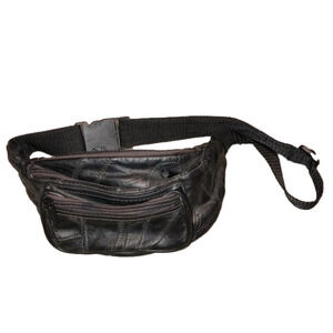 VINTAGE Faux Leather Patchwork Embroidered Fanny Pack Waist Bag Black Adjustable